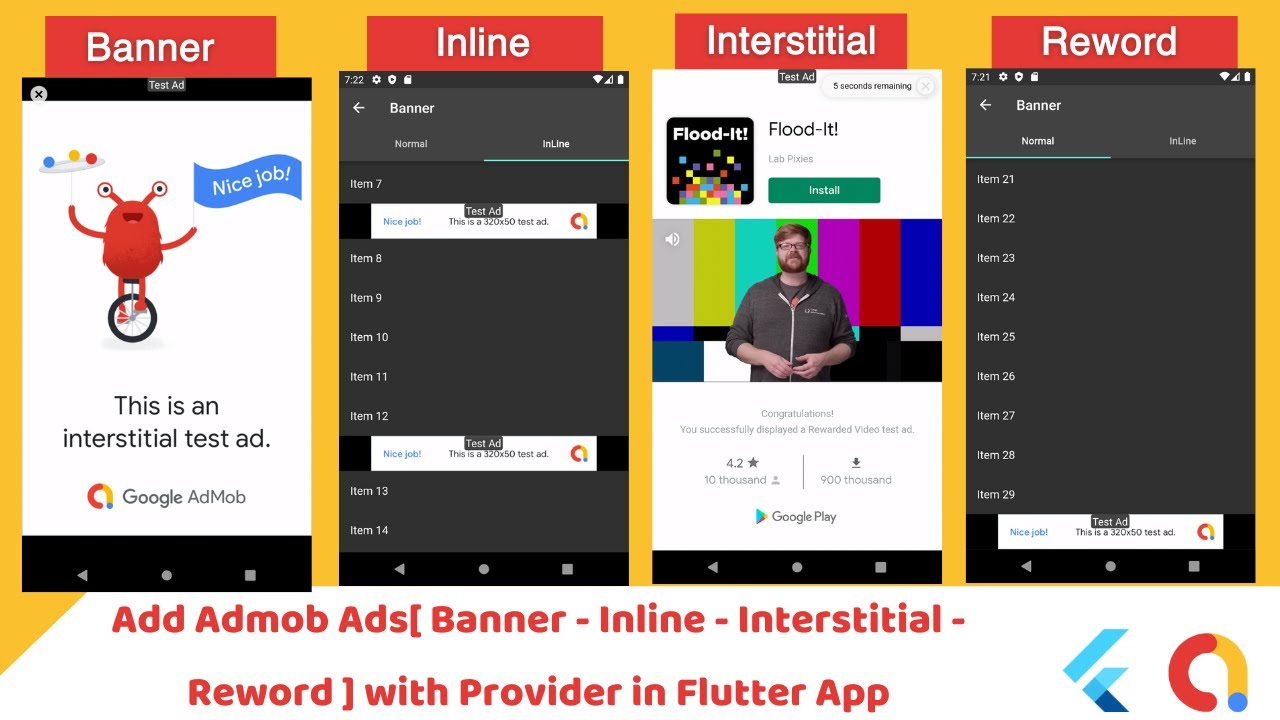 Add Admob Ads[ Banner – Inline –  Interstitial – Reword ] with Provider in Flutter App [ Part 1-2 ] post thumbnail image
